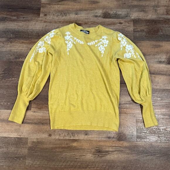 Oliver.O Yellow White Floral Appliqué Sweater Balloon Sleeve Angora M Cottage - Picture 1 of 9